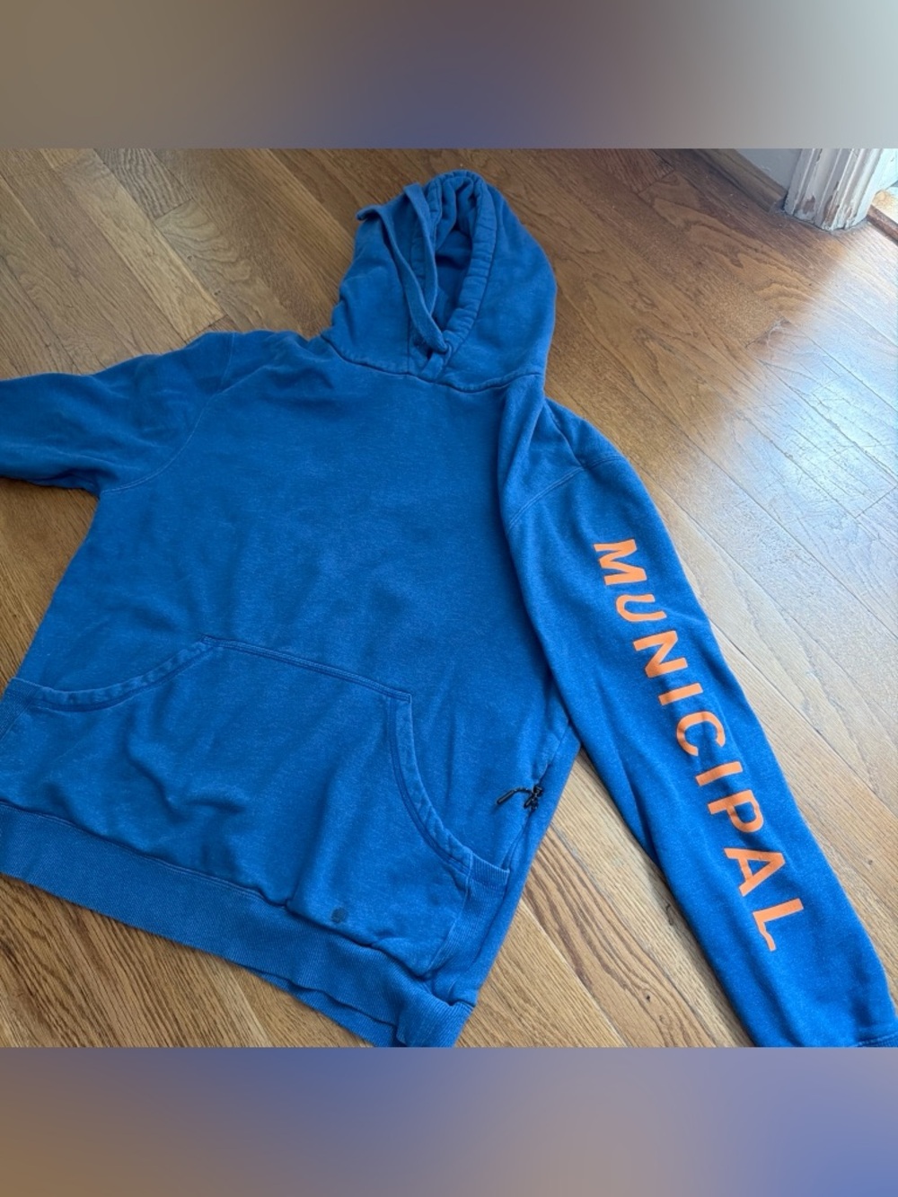 Municipal Men's Hooded Sweatshirt with Orange Sleeve Text